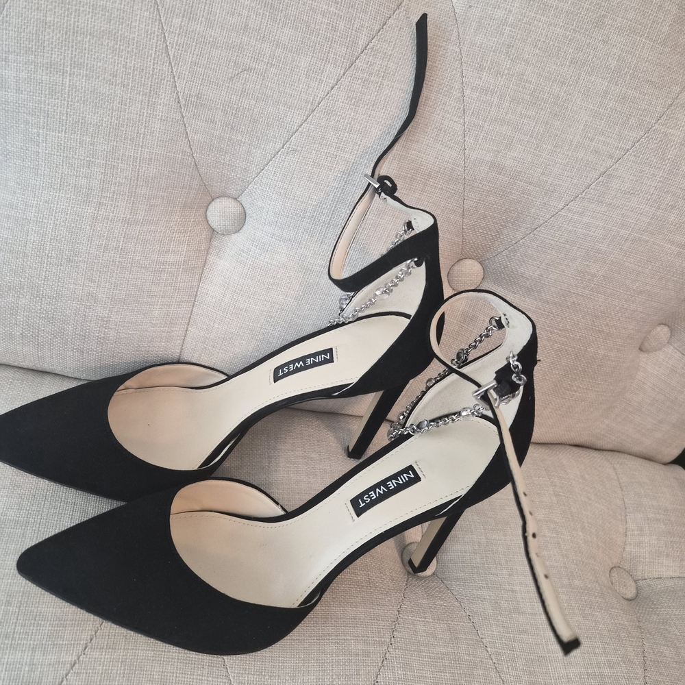 Nine West Black Pointed-Toe Ankle Strap Heels with Chain Detail